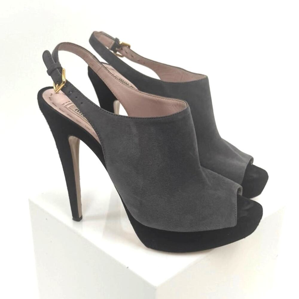 Miu Miu Black Gray Suede Platform Sandals Open Toe Size 38 / US 8 Made in Italy